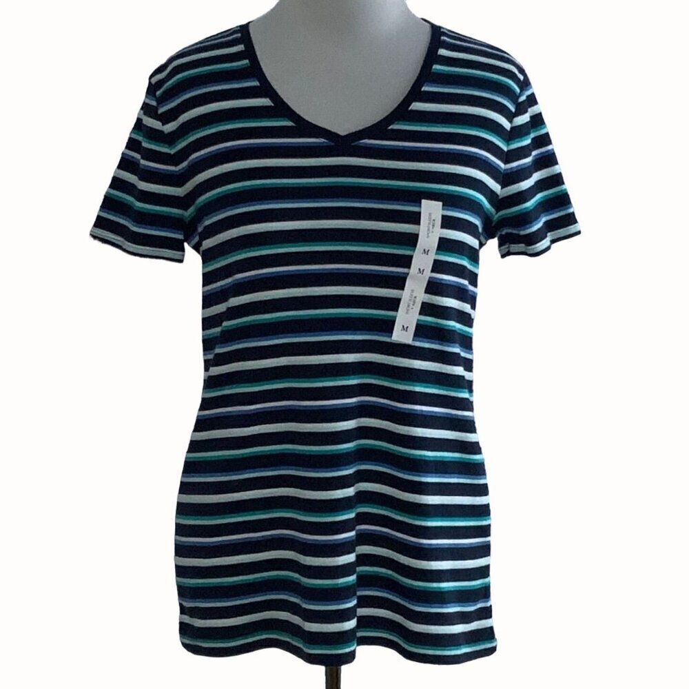 Croft & Barrow classic vneck short sleeve blue striped pullover tee NEW Medium - Picture 1 of 8